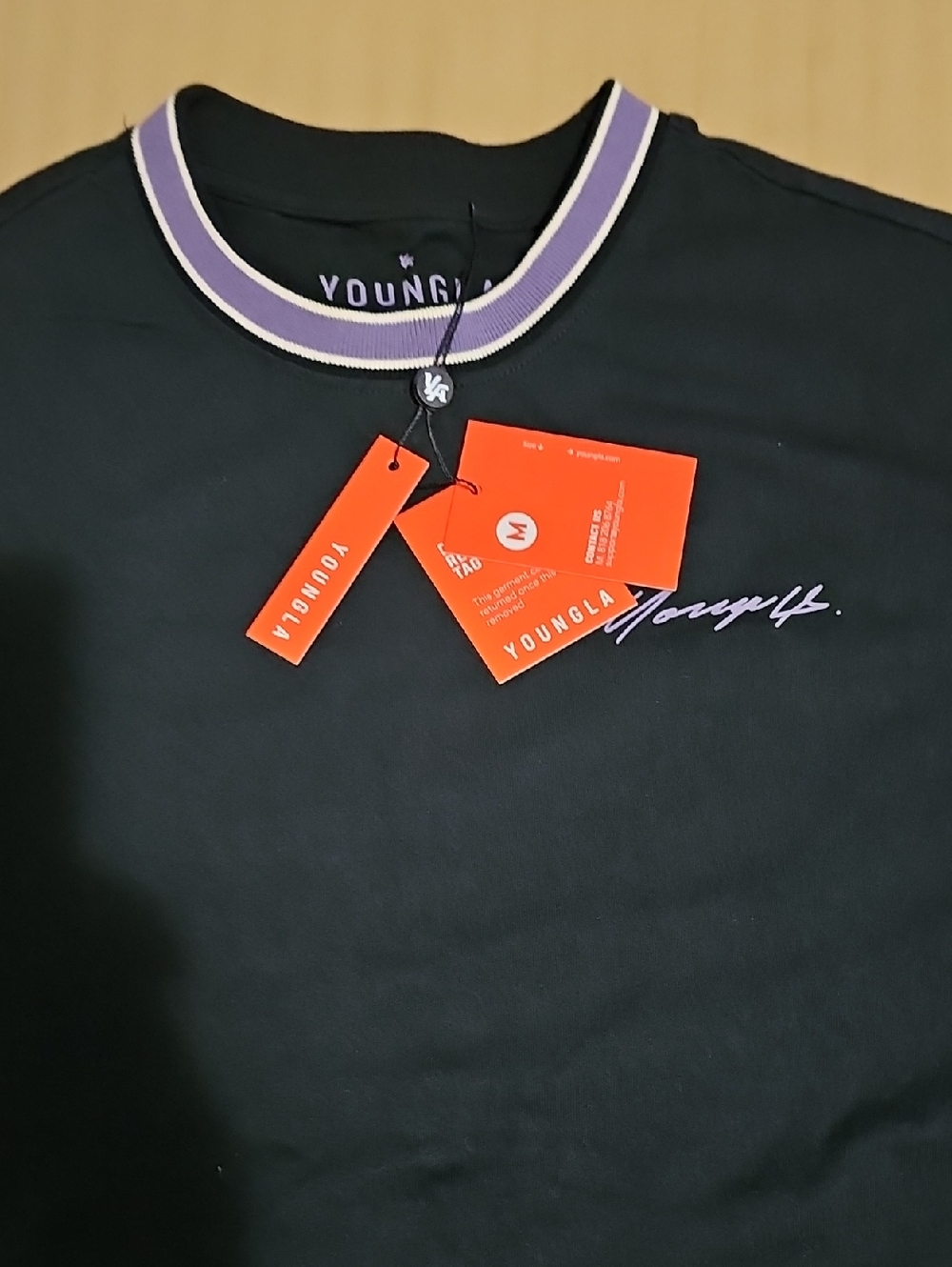 YoungLA Black T-Shirt with Lavender Script and Lavender-Trim Collar